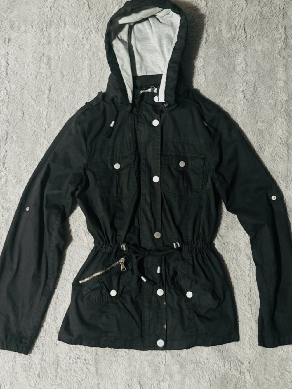 Snobbish Black Utility Jacket M Cinch Waist Detachable Hood Cotton Silver Zip